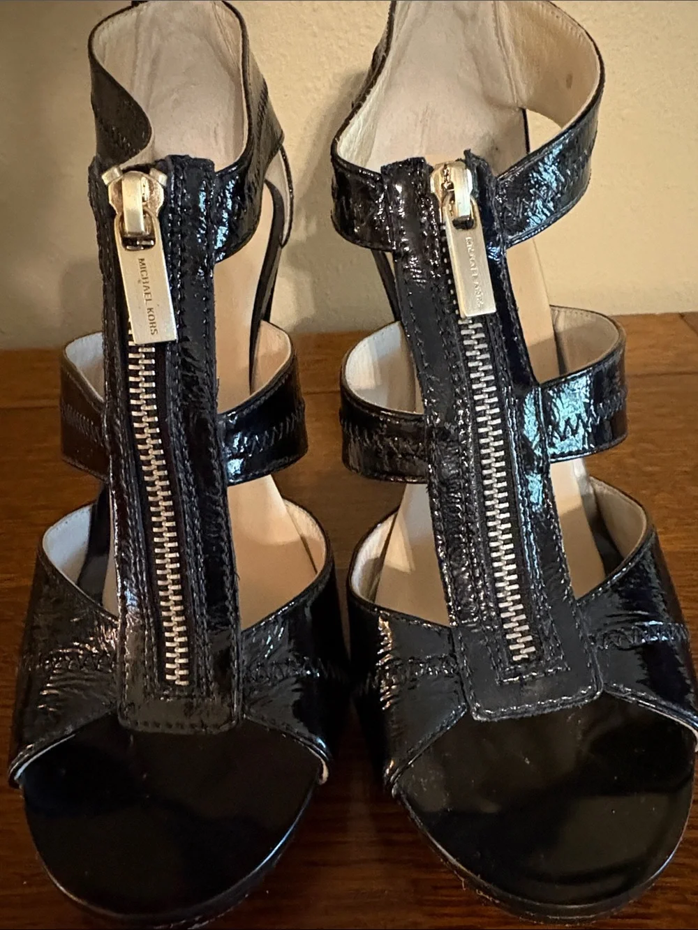 Michael Kors Black Patent Leather Strappy Zip Sandals